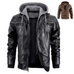 Men's Hooded PU Leather Jacket with Zipper Pockets