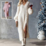 Chic V-Neck Knitted Maxi Dress — Warm & Elegant.